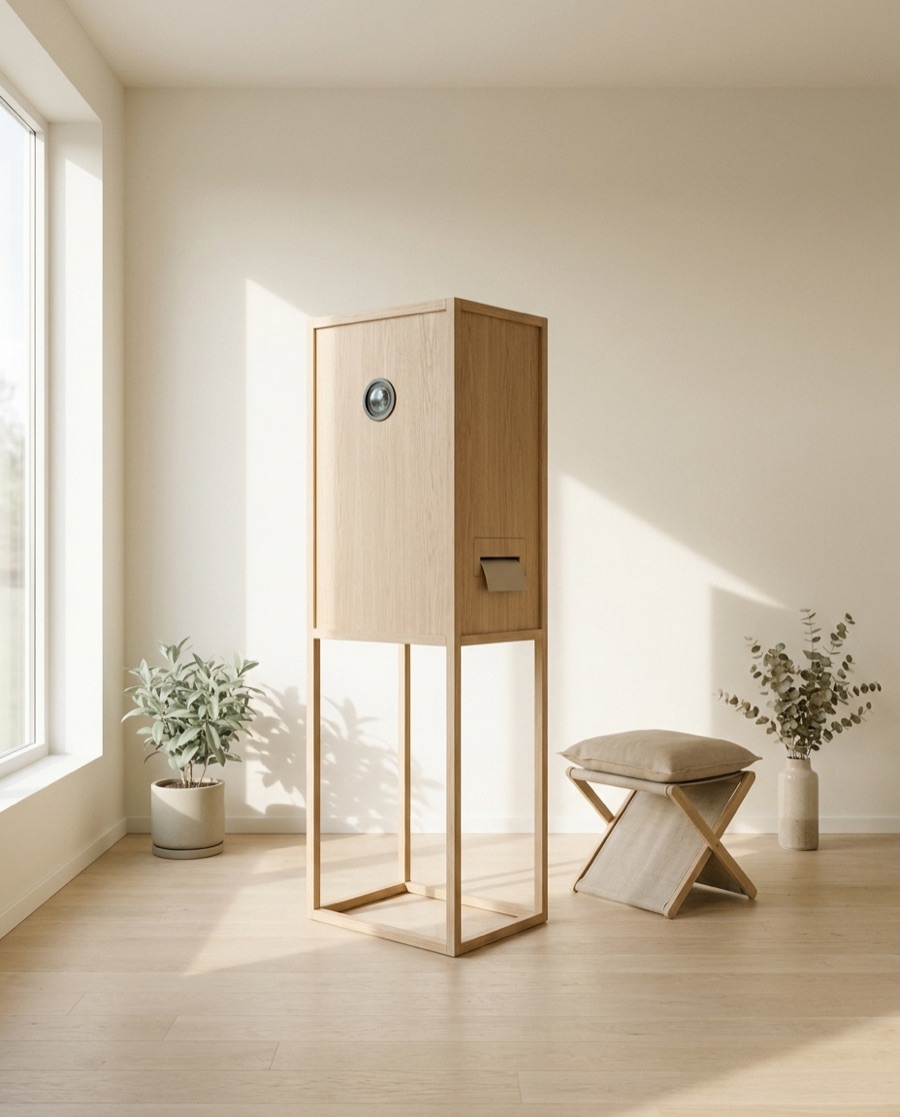 Elegante houten Slow Motion Booth in een lichte, luchtige ruimte